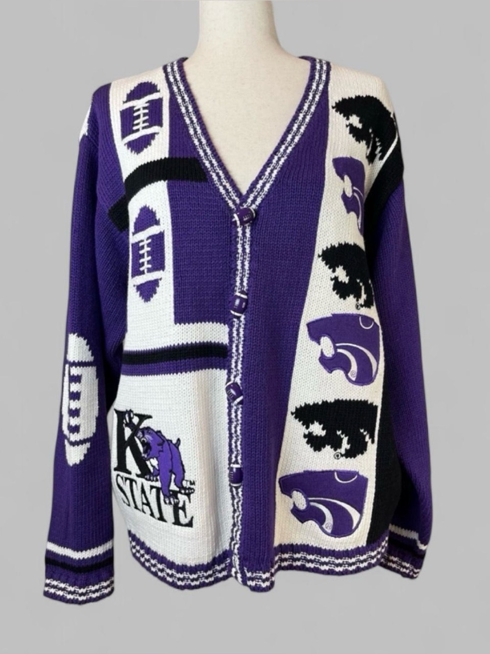 VTG 90s Birch Bros Kansas State Wildcats Cardigan Sweater Large K-State Football